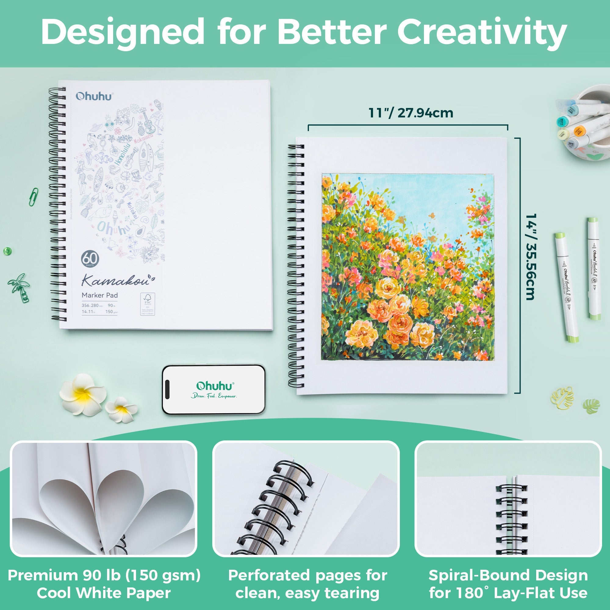 Ohuhu Bleedproof Double-Sided Marker Pad, Spiral-Bound