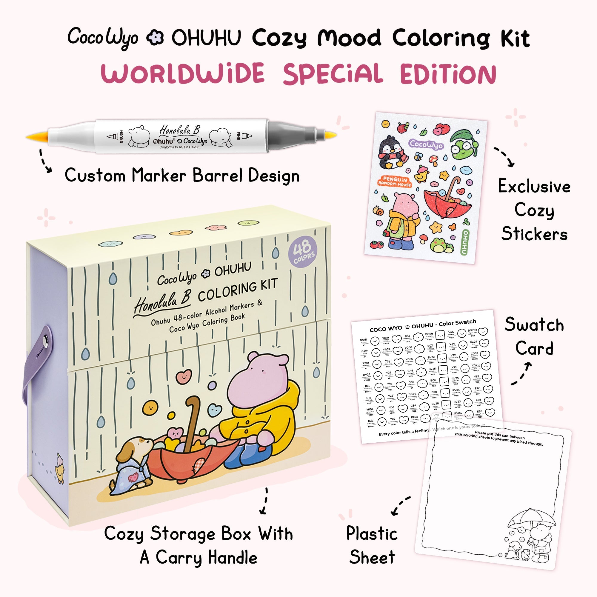 Ohuhu x Coco Wyo Cozy Mood Coloring Kit, Honolulu B 48 Colors Alcohol Markers with Brush & Fine Dual Tips, Coloring Book with Mood Tracker Pages