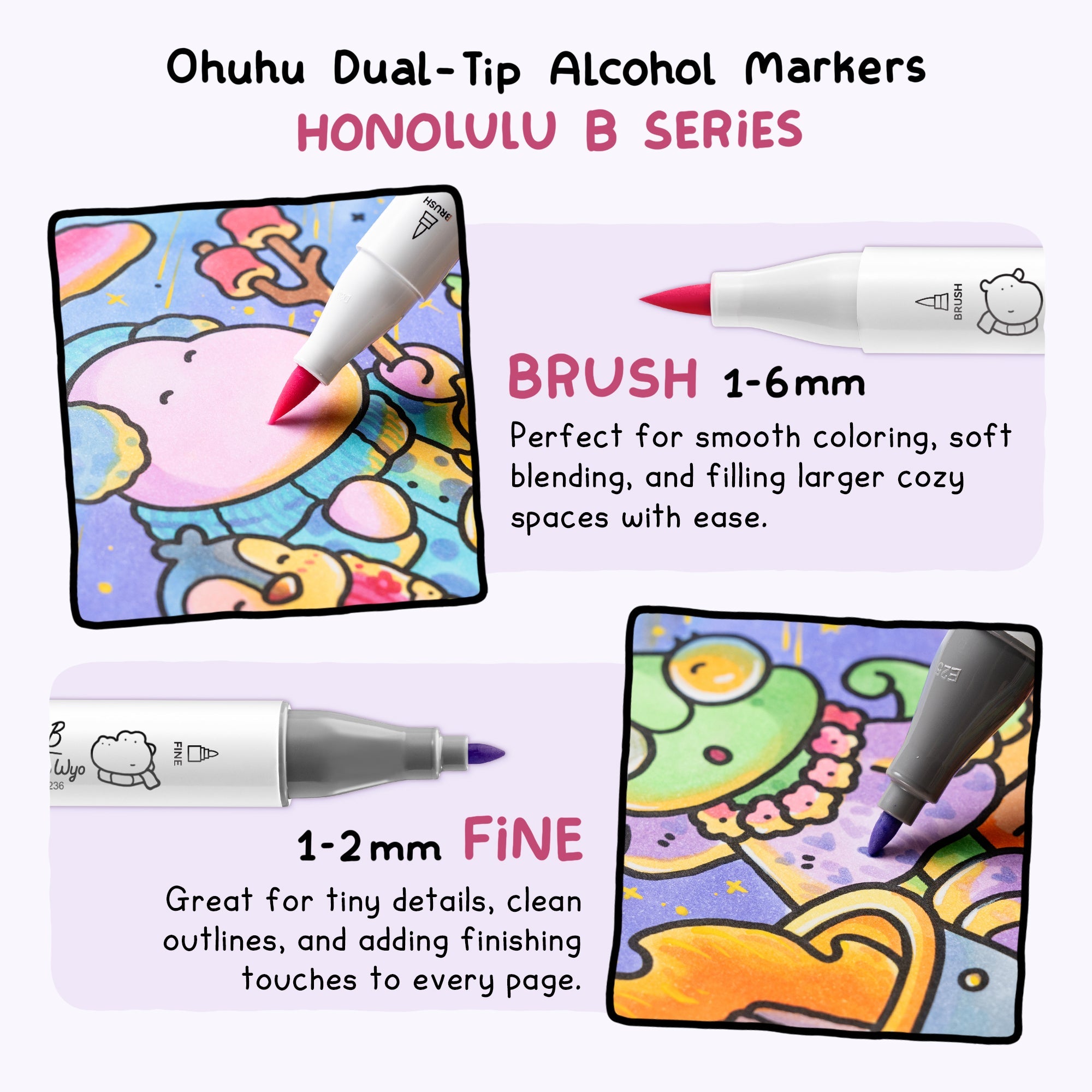 Ohuhu x Coco Wyo Cozy Mood Coloring Kit, Honolulu B 48 Colors Alcohol Markers with Brush & Fine Dual Tips, Coloring Book with Mood Tracker Pages