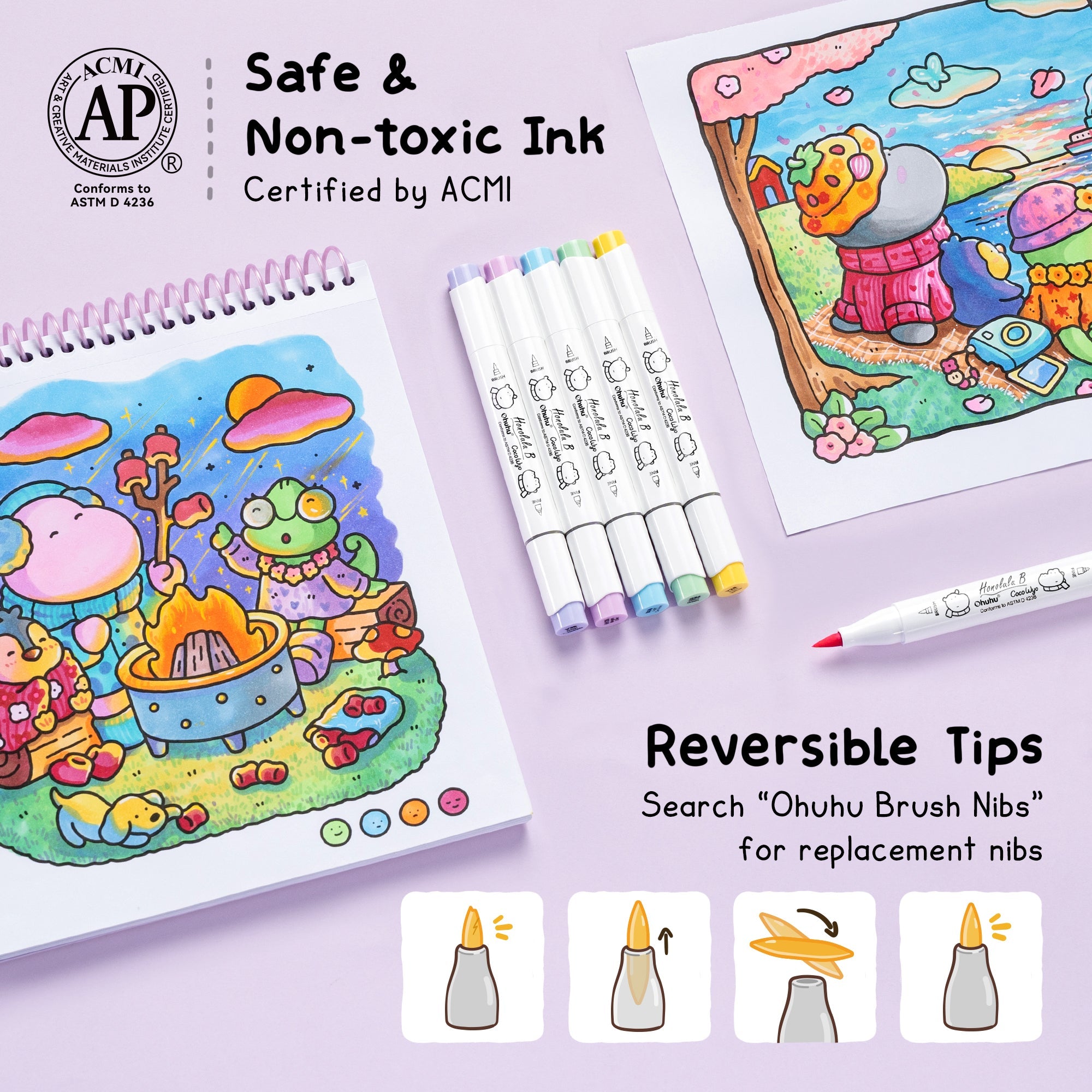 Ohuhu x Coco Wyo Cozy Mood Coloring Kit, Honolulu B 48 Colors Alcohol Markers with Brush & Fine Dual Tips, Coloring Book with Mood Tracker Pages