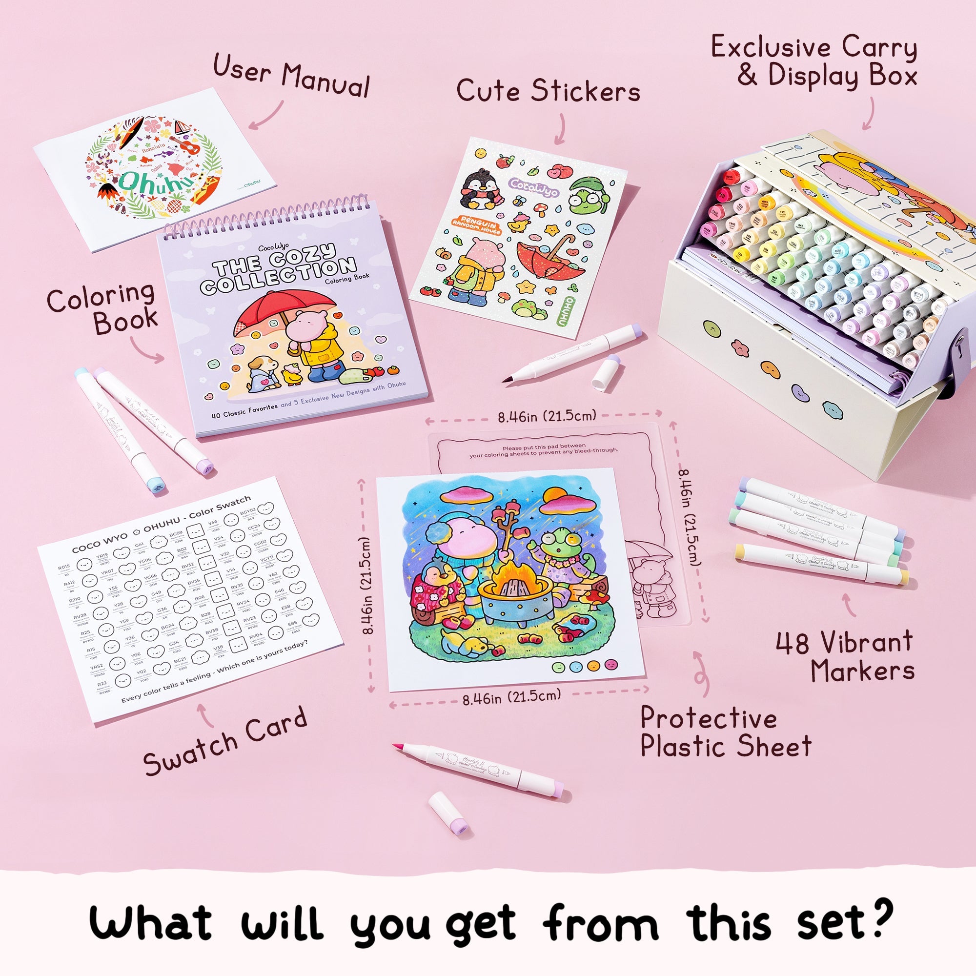 Ohuhu x Coco Wyo Cozy Mood Coloring Kit, Honolulu B 48 Colors Alcohol Markers with Brush & Fine Dual Tips, Coloring Book with Mood Tracker Pages