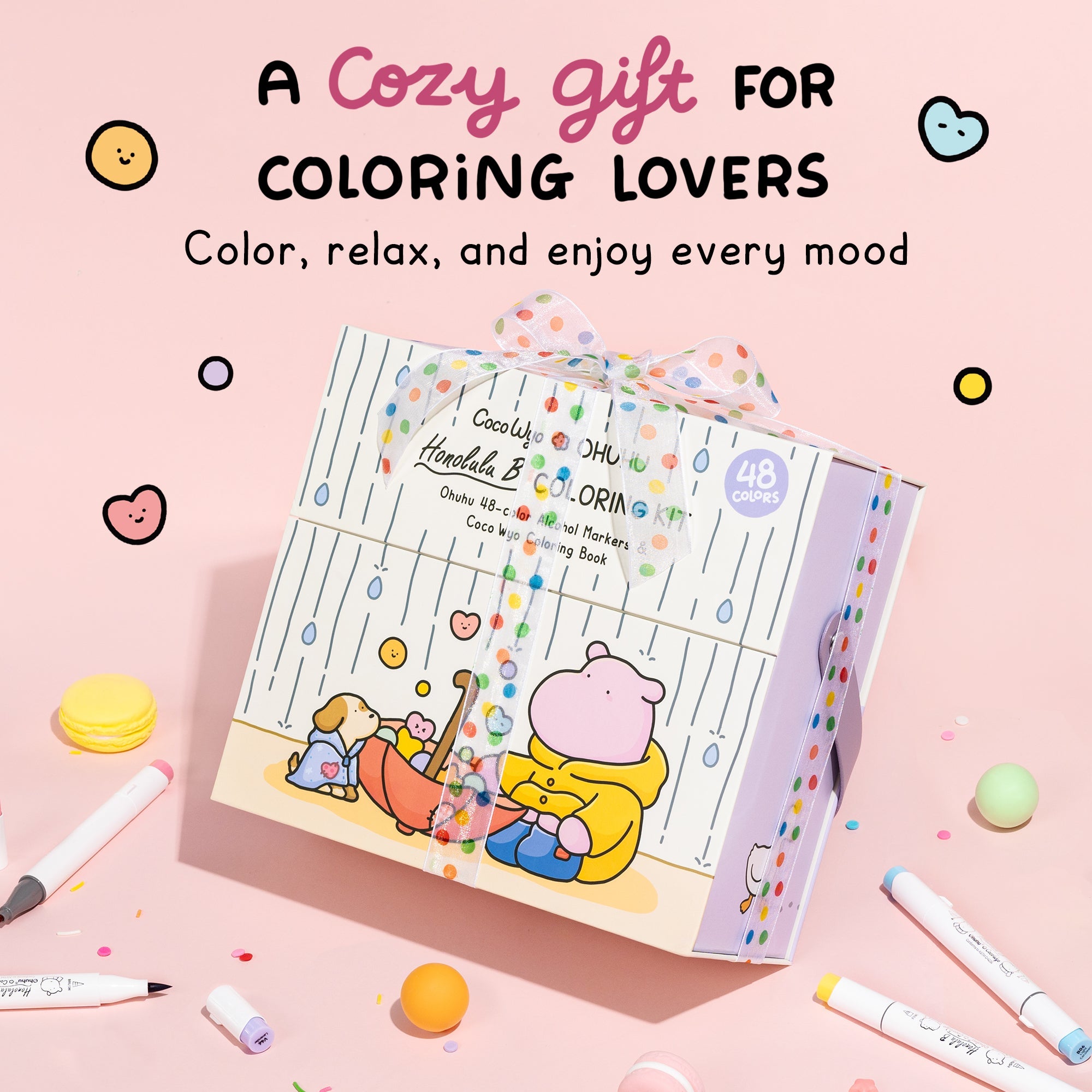 Ohuhu x Coco Wyo Cozy Mood Coloring Kit, Honolulu B 48 Colors Alcohol Markers with Brush & Fine Dual Tips, Coloring Book with Mood Tracker Pages